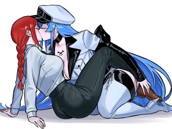 2girls akame_ga_kill! ass black_pants blue_hair braid braided_ponytail breasts chainsaw_man curvy esdeath hat highres jacket kiss large_breasts long_hair makima_(chainsaw_man) multiple_girls pants peaked_cap red_hair shirt shirt_tucked_in thighhighs thighs very_long_hair white_hat white_jacket white_shirt white_thighhighs yuri zeon_(zzeeonn)