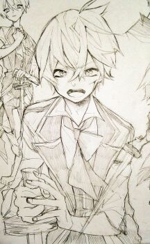 Rule 34 | 1boy, collared shirt, commentary request, ex (grimms notes), ex (original) (grimms notes), fingernails, grimms notes, hair between eyes, hand up, holding, holding sword, holding weapon, looking at viewer, male focus, multiple views, neckerchief, open mouth, planted, shino (5no), shirt, short hair, sword, teeth, tongue, traditional media, upper teeth only, v-shaped eyebrows, vest, weapon