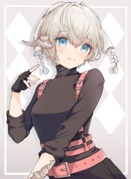 1girl au_ra belt black_gloves black_shirt blue_eyes bow breasts dragon_girl dragon_horns final_fantasy final_fantasy_xiv fingerless_gloves gloves grey_hair hair_bow harness hashtag-only_commentary highres horns long_sleeves looking_at_viewer pink_belt reshia_(reshia_ss) scales shirt short_hair solo turtleneck turtleneck_shirt warrior_of_light_(ff14)