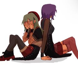 2girls amoris_(bang_dream!) arm_at_side arm_rest back-to-back bang_dream! bang_dream!_it&#039;s_mygo!!!!! beret black_capelet black_corset black_pantyhose black_shirt black_skirt black_sleeve_cuffs black_socks blunt_bangs buttons capelet collar commentary constricted_pupils corset covering_face covering_one_eye crossed_legs feet_out_of_frame fingernails frilled_socks frills from_side garter_straps green_hair grey_pantyhose grey_shirt hand_on_floor hands_on_own_face hands_up hat knees_up long_hair long_sleeves looking_at_viewer looking_to_the_side lps3573 mary_janes mortis_(bang_dream!) mortis_(costume)_(bang_dream!) multiple_girls nail_polish no_mask on_floor pantyhose pantyhose_under_shorts purple_hair red_collar red_hat red_shoes red_shorts red_thighhighs see-through_clothes see-through_sleeves shadow shirt shoes short_hair shorts shorts_under_skirt simple_background skirt socks striped_clothes striped_shirt thighhighs wakaba_mutsumi white_background white_trim wide-eyed yellow_eyes yuutenji_nyamu
