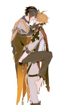 2boys absurdres barefoot blush caressing_cheek carrying carrying_person genshin_impact hamtaru542899 highres holding_person kissing_cheek lipstick lipstick_mark makeup mors_gn multiple_boys tartaglia_(genshin_impact) tartali.club white_background yaoi zhongli_(genshin_impact)
