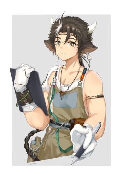 1boy :d animal_ears apron arknights bare_shoulders black_hair border braid brown_apron clipboard commentary_request cropped_torso duku_(hus7788950) elbow_gloves gloves grey_background grin highres holding holding_clipboard holding_pen horns long_hair looking_at_viewer male_focus open_mouth pen smile solo wan_qing_(arknights) white_border white_gloves white_horns yellow_eyes