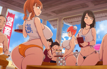 4boys 4girls :s abubu age_difference alcohol ass back beer beer_mug black_hair blue_sky blush bracelet breasts brown_hair cleavage cup day grabbing_another's_breast groping hairband highres ice_cream_cone jewelry large_breasts long_hair medium_breasts mug multiple_boys multiple_girls navel necklace one-piece_swimsuit onee-shota original red_hair see-through_clothes shota sitting sky smile swimsuit tray twintails