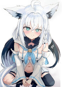 1girl absurdres ahoge animal_ear_fluff animal_ear_piercing animal_ears aqua_eyes aqua_neckerchief aqua_trim black_shorts blush breasts closed_mouth detached_sleeves fox_ears fox_girl fox_tail highres hololive long_sleeves looking_at_viewer matudo_yuu medium_breasts navel neckerchief pentagram pout shirakami_fubuki shirakami_fubuki_(1st_costume) shirt short_shorts shorts sleeveless sleeveless_shirt solo stomach tail thigh_strap virtual_youtuber white_hair white_shirt