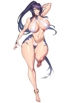 1girl absurdres anklet arm_behind_head au_ra barefoot breasts brown_eyes commission dancer dragon_horns dragon_tail eyebrows_hidden_by_hair final_fantasy final_fantasy_xiv gluteal_fold gurimjang highres horns jewelry large_breasts lips long_hair looking_at_viewer navel open_mouth pixiv_commission purple_hair revealing_clothes sapphira_nyx scales simple_background smile solo standing standing_on_one_leg stomach tail toes very_long_hair warrior_of_light_(ff14) white_background wide_hips