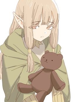 Rule 34 | 1girl, blonde hair, blunt bangs, cloak, dungeon meshi, elf, frs2, green cloak, hair tubes, highres, holding, holding stuffed toy, long hair, looking down, low-tied sidelocks, milsiril, pointy ears, robe, sidelocks, simple background, stuffed animal, stuffed toy, teddy bear, white background, white robe, yellow eyes