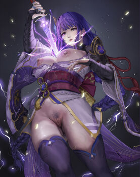 1girl armor blue_flower blue_nails bottomless braid breasts breasts_out bridal_gauntlets censored cleavage commentary_request cowboy_shot drawing_sword electricity fingernails flower genshin_impact gradient_background grey_background hair_flower hair_ornament highres holding holding_sword holding_weapon human_scabbard japanese_clothes jeneral kimono labia_piercing large_breasts light_particles long_fingernails long_hair looking_at_viewer low-braided_long_hair low-tied_long_hair mitsudomoe_(shape) mixed-language_commentary mole mole_under_eye mosaic_censoring musou_isshin_(genshin_impact) nail_polish nipples obi obiage obijime parted_lips piercing pubic_stubble purple_eyes purple_hair purple_kimono pussy pussy_piercing raiden_shogun revision sash shoulder_armor solo sword tassel thighhighs tomoe_(symbol) very_long_hair weapon wide_sleeves