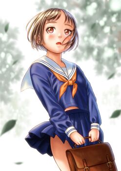 Rule 34 | 1girl, bag, blue serafuku, blue shirt, blue skirt, blurry, blurry background, blush, brown eyes, brown hair, commentary request, day, handbag, highres, long sleeves, midriff peek, neckerchief, open mouth, original, outdoors, pleated skirt, revision, sailor collar, school uniform, serafuku, shirt, short hair, skirt, solo, standing, wadachitokakeru, white background, white sailor collar, wind, yellow neckerchief