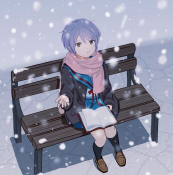 1girl absurdres black_cardigan black_socks blue_sailor_collar blue_skirt book book_on_lap brown_eyes brown_shoes cardigan commentary_request from_above highres kita_high_school_uniform kneehighs koko680230 loafers long_sleeves nagato_yuki on_bench open_book open_cardigan open_clothes outdoors pink_scarf purple_hair red_ribbon ribbon sailor_collar scarf school_uniform serafuku shoes short_hair sitting skirt snowing socks solo suzumiya_haruhi_no_yuuutsu winter winter_uniform
