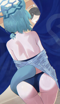 Rule 34 | 2girls, animal ears, aqua hair, aqua tail, ass, back, backboob, bare shoulders, bath yukata, black hair, black panties, black tube top, blue archive, blue halo, breasts, from behind, grey kimono, halo, highres, japanese clothes, kimono, kumari2311, multiple girls, off shoulder, official alternate costume, panties, revision, shigure (blue archive), shigure (hot spring) (blue archive), short hair, slap mark, strapless, tail, thigh gap, thighs, tube top, underwear, weasel ears, weasel girl, weasel tail, yukata