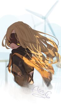 Rule 34 | 1girl, absurdres, aooni 09, black shrug, blindfold mask, blonde hair, commentary request, covered eyes, floating hair, highres, long hair, looking at viewer, mask, shrug (clothing), smile, solo, trigger (zenless zone zero), upper body, zenless zone zero