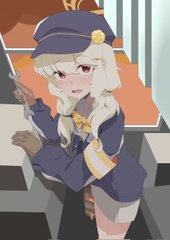 Rule 34 | 1girl, aoba (blue archive), armband, birthday, blonde hair, blue archive, blue hat, blue jacket, blush, bow, bowtie, brown gloves, brown shirt, brown skirt, commentary request, cowboy shot, furrowed brow, gloves, halo, hat, highres, holding, holding wrench, jacket, long hair, long sleeves, looking at viewer, murloc (user wxxf2533), newsboy cap, orange bow, orange bowtie, red eyes, shirt, sidelocks, skirt, solo, standing, sweat, swept bangs, twintails, upper body, wavy mouth, wrench, yellow armband