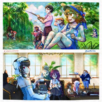 6+boys 6+girls :d absurdres ahoge alternate_costume animal asahina_aoi bare_arms bare_shoulders black_hair black_skirt blue_shorts brown_hair cat celestia_ludenberg danganronpa:_trigger_happy_havoc danganronpa_(series) dress fishing fishing_rod fujisaki_chihiro fukawa_toko grey_hair hagakure_yasuhiro happy highres ikusaba_mukuro indoors ishimaru_kiyotaka kirigiri_kyoko kuwata_leon long_hair lower_teeth_only lying maizono_sayaka monokuma multiple_boys multiple_girls naegi_makoto ogami_sakura on_back open_mouth outdoors owada_mondo plaid_clothes plaid_shirt shirt shirt_tucked_in shorts sitting skirt smile teeth togami_byakuya tree twinklelitchii water white_dress yamada_hifumi