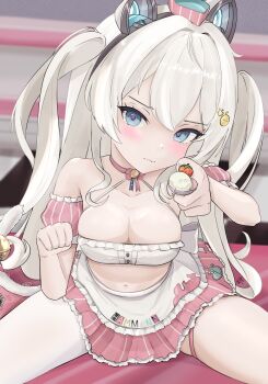 1girl apron azur_lane bare_shoulders bell blue_eyes blush breasts cat_tail character_name cleavage commentary crop_top detached_sleeves fang food hair_between_eyes hair_ornament hairpin hammann_(azur_lane) hammann_ii_(azur_lane) hammann_ii_(hammann's_scrumptious_spells)_(azur_lane) hands_up highres holding holding_spoon hollow_catalpa ice_cream indoors leaning_forward long_hair looking_at_viewer mechanical_ears medium_breasts miniskirt navel on_table paw_pose pink_skirt pleated_skirt single_bare_leg single_thighhigh sitting skirt solo spoon spread_legs symbol-only_commentary table tail tail_bell tail_ornament thighhighs thighs very_long_hair waist_apron wavy_mouth white_apron white_hair