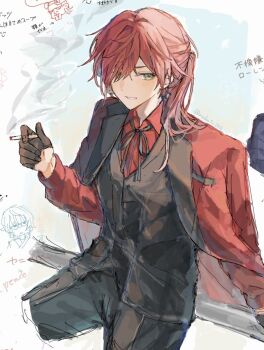 Rule 34 | 1boy, against railing, black gloves, black pants, cigarette, commentary, cropped legs, earrings, gloves, green eyes, hair between eyes, highres, holding, holding cigarette, jacket, jacket on shoulders, jewelry, lauren iroas, lauren iroas (4th costume), long hair, long sleeves, looking to the side, male focus, nijisanji, open clothes, open jacket, pants, ponytail, railing, red hair, red jacket, ruka1 126, smile, smoking, solo, vest, virtual youtuber, waistcoat