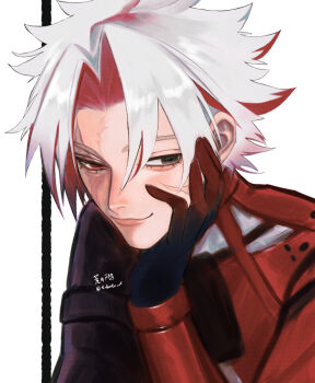 1boy black_gloves bodysuit closed_mouth colored_inner_hair commentary_request curtained_hair eyelashes facial_scar gloves grey_eyes hair_behind_ear hand_on_own_face head_rest heterochromia lips long_sleeves male_focus multicolored_hair multiple_scars parted_hair red_eyes red_hair scar scar_(wuthering_waves) scar_across_eye scar_on_cheek scar_on_face short_hair smile solo susabigawa_tobato upper_body white_hair wuthering_waves