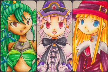 Rule 34 | 2011, 3girls, artist name, artist request, blonde hair, blue eyes, bow, bowtie, breasts, brown eyes, cleavage, dark-skinned female, dark skin, female focus, gem, green hair, hat, holly (riz-zoawd), large breasts, long hair, multiple girls, old art, open mouth, pink hair, ponytail, red eyes, riz-zoawd, the wizard of oz, twintails, witch, witch hat