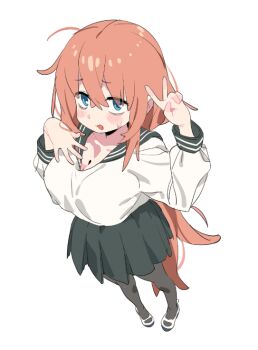 1girl black_pantyhose black_sailor_collar black_skirt blue_eyes blush breasts cleavage from_above full_body hashtag-only_commentary jisil38 long_hair long_sleeves looking_at_viewer michinoku_komaro no_dickey open_mouth pantyhose pink_hair pleated_skirt sailor_collar school_uniform seitokai_ni_mo_ana_wa_aru! serafuku shirt shoes simple_background skirt small_sweatdrop solo uwabaki v very_long_hair white_background white_shirt