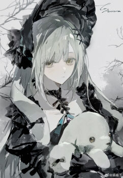 1girl absurdres animal_ears arknights bang_dream! bang_dream!_it&#039;s_mygo!!!!! bare_tree black_bonnet black_bow black_choker black_dress bonnet bow chinese_commentary choker closed_mouth commentary_request dress expressionless floppy_ears frilled_dress frills gothic_lolita green_hair hair_ornament highres holding holding_stuffed_toy juliet_sleeves lolita_fashion long_hair long_sleeves outdoors puffy_sleeves qing_yan_xia rabbit_ears rabbit_girl solo stuffed_animal stuffed_rabbit stuffed_toy tree upper_body wakaba_mutsumi wakaba_mutsumi_(marionette&#039;s_id) watermark weibo_watermark x_hair_ornament yellow_eyes