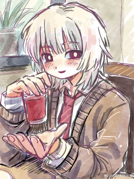 1boy brown_cardigan cardigan chinese_commentary collared_shirt commentary_request cup dress_shirt elbows_on_table highres holding holding_cup indoors male_focus necktie reaching reaching_towards_viewer red_eyes red_necktie saihate_eki shirt short_hair sitting solo tatsunami_shion white_hair white_shirt yingtao_zi_liaoli