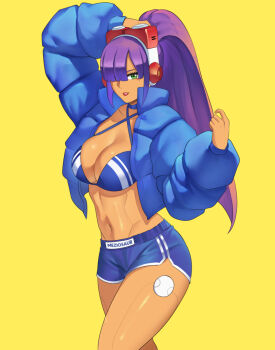 1girl android arm_up artist_name bikini bikini_top_only blue_bikini blue_jacket blue_shorts blunt_bangs breasts cleavage clothes_writing collarbone commentary commission cowboy_shot criss-cross_halter crossed_legs dark-skinned_female dark_skin dolphin english_commentary green_eyes hair_over_one_eye halterneck headgear high_ponytail jacket joints large_breasts layer_(mega_man) long_hair long_sleeves looking_at_viewer mega_man_(series) mega_man_x_(series) mega_man_x_dive meziosaur mole mole_under_eye navel one_eye_covered open_clothes open_jacket parted_lips ponytail puffy_sleeves purple_hair robot_ears robot_joints shorts simple_background solo standing swimsuit teeth wide_ponytail yellow_background