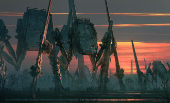 Rule 34 | bare tree, cloud, cloudy sky, commentary, dusk, english commentary, flock, highres, landscape, mecha, orange sky, original, outdoors, painterly, people, raphael-lacoste, robot, scenery, science fiction, signature, sky, star wars, tree, water, yellow sky