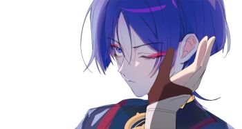 Rule 34 | 1boy, black bodysuit, black kimono, blunt ends, bodysuit, brown gloves, choppy bangs, closed mouth, eyelashes, eyeliner, eyeshadow, genshin impact, gloves, gold, hand on another's face, highres, japanese clothes, jewelry, kimono, looking to the side, lumine (genshin impact), makeup, male focus, neck ring, one eye closed, partially fingerless gloves, portrait, purple eyes, red eyeliner, red eyeshadow, red trim, runny makeup, sanpaku, scaramouche (genshin impact), sia37068010, sketch, tsurime, vambraces, white background