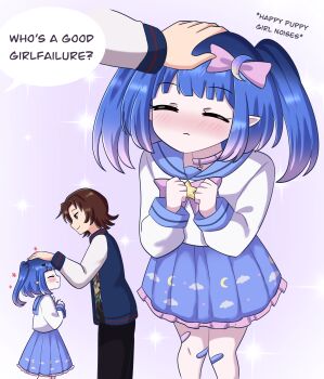 1boy 1girl absurdres asuka_(senran_kagura) bandaid bandaid_on_leg blue_hair blush brown_hair closed_eyes english_text hair_ribbon headpat highres indie_virtual_youtuber jacket letterman_jacket littlenii loli pastel_colors ribbon simple_background sitting smile socks speech_bubble suley_(artist) virtual_youtuber