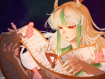 Rule 34 | 2girls, bow, chinese commentary, collared shirt, commentary request, dated, dress, ex-keine, fujiwara no mokou, green dress, green hair, grey hair, hair bow, highres, horn bow, horn ornament, horns, kamishirasawa keine, long hair, long sleeves, mini person, minigirl, mobius strip, multicolored hair, multiple girls, ofuda, ofuda on clothes, pants, red bow, red eyes, red pants, rlwezar, scroll, shirt, suspenders, touhou, two-tone hair, very long hair, white shirt