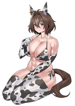1girl abs absurdres animal_ears animal_print bare_shoulders bikini blue_eyes blush braid breasts commentary commission cow_print cow_print_bikini cow_print_gloves cow_print_thighhighs crown_braid ear_covers elbow_gloves fukuro_(maruaru00) gloves grin hair_between_eyes hair_intakes highres horse_ears horse_girl horse_tail kneeling large_breasts muscular muscular_female original pixiv_commission print_bikini print_gloves print_thighhighs sea_star_tail_(eeeenuke) seiza short_hair sitting smile solo swimsuit tail thighhighs umamusume