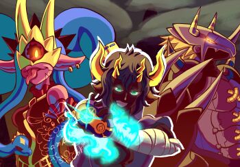 Rule 34 | 1girl, 2boys, armor, blackwargreymon, capri, crown, dark-skinned male, dark skin, digimon, digimon (creature), digivice, earrings, highres, horns, jewelry, looking at viewer, mask, medusamon, multiple boys, pointy ears, short hair, smile, teeth, yellow eyes