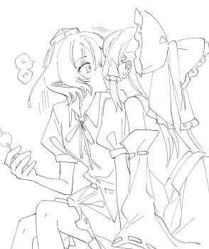 2girls absurdres bow bowtie collared_shirt commentary_request dango detached_sleeves food frilled_bow frilled_hair_tubes frilled_skirt frills greyscale hair_bow hair_tubes hakurei_reimu hat highres holding holding_skewer kiss long_hair medium_hair monochrome multiple_girls pointy_ears puffy_short_sleeves puffy_sleeves ribbon-trimmed_sleeves ribbon_trim shameimaru_aya shirt short_sleeves sketch skewer skirt tokin_hat touhou translation_request uehara_suiyo wagashi yuri