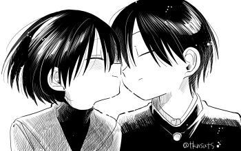 1boy 1girl black_hair cheek-to-cheek closed_eyes commentary_request couple gakuran greyscale heads_together highres monochrome original school_uniform serafuku short_hair simple_background smile takanashi_atashi upper_body