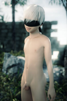 1boy 3d 9s_(nier:automata) bare_shoulders blindfold censored commentary_request daz_studio from_side highres just_radiation male_focus mosaic_censoring navel nier:automata nier_(series) nude outdoors pale_skin palm_tree pectorals penis shota small_penis square_enix standing stomach sunlight testicles tree white_hair