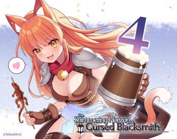 1girl :d animal_ear_fluff animal_ears armor bell belt belt_buckle bikini_armor breasts brown_belt brown_eyes brown_gloves buckle chinese_text cleavage commentary confetti countdown countdown_illustration english_commentary english_text fang fingerless_gloves food gloves highres hitsuki_rei holding jingle_bell long_hair medium_breasts navel neck_bell official_art open_mouth orange_hair pauldrons second-party_source shoulder_armor skewer_(the_shimmering_horizon_and_cursed_blacksmith) smile solo tail tankard the_shimmering_horizon_and_cursed_blacksmith twitter_username very_long_hair