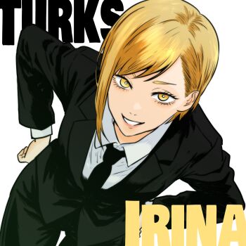 Rule 34 | 1girl, asymmetrical hair, bent over, black jacket, black necktie, black suit, blonde hair, character name, commentary request, cowboy shot, dutch angle, elena (ff7), final fantasy, final fantasy vii, formal clothes, hands on own hips, highres, isuke (isuke now), jacket, necktie, shirt, short hair, solo, suit, suit jacket, white shirt, yellow eyes