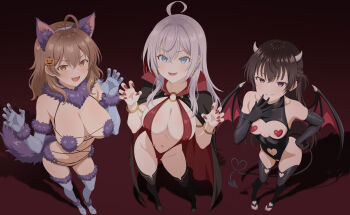 3girls absurdres ahoge alisa_mikhailovna_kujou animal_ears audirenze bikini black_cape black_hair black_thighhighs blue_eyes blush boots bracelet breast_cutout breasts brown_eyes brown_hair cape claw_pose cleavage clothing_cutout commentary_request cosplay covered_erect_nipples crotch_cutout demon_girl demon_horns demon_tail demon_wings earrings elbow_gloves fangs fate/grand_order fate_(series) food-themed_hair_ornament from_above full_body fur-trimmed_gloves fur-trimmed_legwear fur-trimmed_thighhighs fur_bikini fur_collar fur_trim gloves gradient_background grin hair_between_eyes hair_ornament hand_on_own_hip hand_up happy_halloween heart heart_cutout heart_pasties highleg highleg_leotard highres horns jewelry large_breasts leotard long_hair looking_at_viewer mariya_mikhailovna_kujou mash_kyrielight mash_kyrielight_(dangerous_beast) mash_kyrielight_(dangerous_beast)_(cosplay) medium_breasts medium_hair multiple_girls nail_polish navel navel_cutout o-ring open_mouth paid_reward_available pasties pumpkin_hair_ornament purple_bikini purple_eyes purple_gloves purple_tail purple_thighhighs pussy_cutout red_background red_nails red_slingshot_swimsuit revealing_clothes shadow slingshot_swimsuit smile standing stomach suou_yuki swimsuit tail thigh_boots thighhighs thighs tokidoki_bosotto_roshia-go_de_dereru_tonari_no_alya-san v-shaped_eyebrows vampirella vampirella_(character) vampirella_(character)_(cosplay) very_long_hair white_hair wings wolf_ears