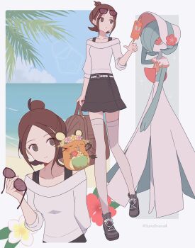 Rule 34 | 1girl, 1other, 343rone, absurdres, beach, black skirt, bonnet, bra strap, breasts, brown eyes, brown hair, capelet, coconut, coconut cup, collarbone, commentary request, drinking straw, drinking straw in mouth, eyewear on head, flower, gardevoir, gen 3 pokemon, gen 4 pokemon, hair bun, harmony (pokemon), hat, hat flower, highres, holding, holding removed eyewear, holding suitcase, long sleeves, nintendo, ocean, palm tree, pokemon, pokemon (creature), pokemon legends: z-a, red eyes, rotom, rotom phone, shirt, shoes, short hair, skirt, straw hat, suitcase, sun hat, sunglasses, thighhighs, tree, unworn eyewear, water, white bonnet, white capelet, white shirt, white thighhighs