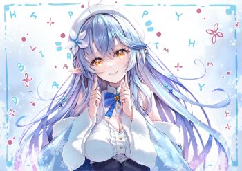 1girl :d absurdres ahoge bare_shoulders blue_background blue_bow blue_bowtie blue_hair blue_nails blush bow bowtie braid breasts center_frills cleavage cleavage_cutout clothing_cutout colored_tips commentary_request corset elf fingers_to_cheeks flower frilled_shirt frills fur-trimmed_sleeves fur_trim gradient_background grin hair_between_eyes hair_flower hair_ornament half_updo happy_birthday hat highres hololive kamishiro_mai_(capti-no) large_breasts long_hair long_sleeves looking_at_viewer multicolored_hair nail_polish open_clothes open_mouth parted_lips pointy_ears shirt side_braid smile snowflake_print solo streaked_hair upper_body variant_set very_long_hair virtual_youtuber white_flower white_hat white_shirt yellow_eyes yukihana_lamy yukihana_lamy_(1st_costume)