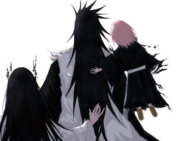 1boy 2girls anima_tion_1 black_hair black_hakama bleach bleach:_sennen_kessen-hen bone_hair_ornament disintegration floating from_behind hair_ornament hakama hand_on_another's_back haori height_difference highres japanese_clothes kusajishi_yachiru long_hair multiple_girls pink_hair size_difference taichou_haori unohana_retsu zaraki_kenpachi