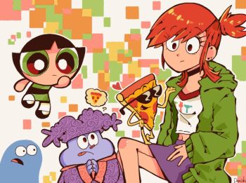 2girls 3boys black_choker blooregard_q_kazoo blouse breasts buttercup_(ppg) cartoon_network child choker chowder_(character) chowder_(series) creature crossed_legs crossover floating food foster&#039;s_home_for_imaginary_friends frankie_foster frown green_eyes green_hoodie heart high_ponytail hood hood_down hoodie imagining midriff miniskirt multiple_boys multiple_crossover multiple_girls navel non-web_source pantyhose pizza pizza_slice pizza_steve ponytail powerpuff_girls purple_skirt shirt skirt small_breasts speech_bubble sunglasses thought_bubble tongue tongue_out uncle_grandpa white_shirt