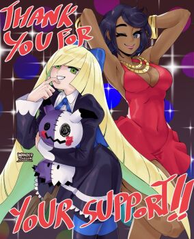 Rule 34 | 2girls, armpits, arms behind head, arms up, black dress, black hair, blonde hair, blue bow, blue ribbon, bow, bracelet, breasts, cleavage, collared dress, cosplay, covered navel, dark-skinned female, dark skin, dress, fusion, gen 7 pokemon, gift art, gold bracelet, gold necklace, gothic lolita, green eyes, grin, hair bow, hand on own chin, hand up, highres, holding, holding pokemon, holding stuffed toy, honekoneko (psg), jewelry, juliet sleeves, large breasts, leg up, lipstick, lolita fashion, long hair, long sleeves, looking at viewer, lusamine (pokemon), makeup, mimikyu, multiple bracelets, multiple girls, neck ribbon, necklace, nintendo, olivia (pokemon), one eye closed, panty &amp; stocking with garterbelt, panty (psg), panty (psg) (cosplay), pink lips, pokemon, pokemon (creature), pokemon sm, puffy sleeves, red dress, ribbon, short dress, short hair, sleeveless, sleeveless dress, smile, sparkle, stocking (psg), stocking (psg) (cosplay), striped clothes, striped leggings, striped thighhighs, stuffed animal, stuffed toy, thank you, thighhighs, two-tone leggings, very long hair, wanderjegson