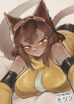 1girl absurdres animal_ears armpit_crease bare_shoulders bed_sheet biting_own_lip breasts brown_hair cat_ears cat_girl cat_tail commentary dark-skinned_female dark_skin dress fangs furry furry_female gameoverse gauntlets goggles goggles_on_head highres kit_bodega large_breasts looking_at_viewer mogurageneral naughty_face pov red_eyes short_hair smile tail turtleneck whiskers yellow_dress yellow_gauntlets you_gonna_get_raped