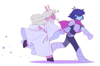 ! 1girl 1other androgynous animal_ears antenna_hair antlers armor black_unitard blonde_hair blue_hair blue_skin blush breastplate buck_teeth cape colored_skin commentary deer_antlers deer_ears deer_girl deltarune english_commentary freckles full_body furry furry_female gauntlets highres hooves horns jewelry jxitrash knee_armor kris_(dark_world)_(deltarune) kris_(deltarune) long_hair long_sleeves noelle_holiday noelle_holiday_(dark_world) pink_cape pulling ring robe shaded_face shadow short_hair shoulder_armor sidelocks simple_background surprised teeth unitard utdr_(toby_fox) walking white_background white_robe wide_sleeves