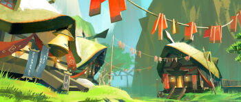 absurdres art_study building crescent door grass highres house nintendo outdoors path plant ribbon road rock rooftop rope scenery shannon_xie sheikah shop sign stairs the_legend_of_zelda the_legend_of_zelda:_breath_of_the_wild tree wide_shot window