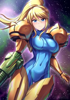 1girl arm_cannon armor blonde_hair blue_bodysuit blue_eyes bodysuit breasts canadiananiguy covered_navel floating_hair high_ponytail highres large_breasts long_hair metroid mole mole_under_mouth nintendo ponytail power_armor power_suit_(metroid) samus_aran shoulder_armor skin_tight sky space star_(sky) starry_sky very_long_hair weapon zero_suit