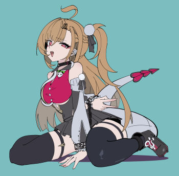 Rule 34 | 1girl, :d, ahoge, arm behind back, bare shoulders, between legs, black choker, black shoes, blue background, breasts, brown hair, choker, cissia (zenless zone zero), commentary, fang, hair ornament, hand between legs, highres, long hair, looking at viewer, one side up, open mouth, pom pom (clothes), pom pom hair ornament, red eyes, shoes, simple background, smile, snake, snake girl, snake tail, solo, tail, underboob, v, zenless zone zero, zhe (srmu8858)