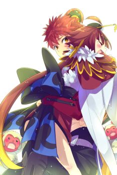 1boy 1girl apron beni-enma beni-enma_(first_ascension) bird_hat black_pants blush brown_eyes brown_hat cape closed_eyes echo_(circa) emiya_shirou fate/grand_order fate_(series) feather_trim hat hug igote japanese_clothes kimono long_hair long_sleeves low_ponytail monkey open_mouth pants parted_bangs ponytail red_hair red_kimono senji_muramasa_(fate) short_hair simple_background smile thighs very_long_hair white_apron white_cape wide_sleeves