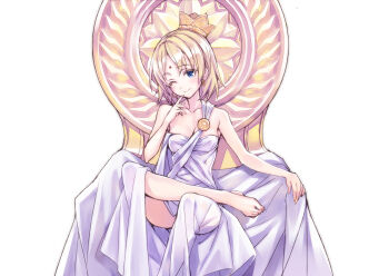 1girl ;) bare_shoulders barefoot bindi blonde_hair blue_eyes blush breasts buddhism butsuzou_collection cleavage crown earrings facial_mark female_focus forehead_mark hankafumisage hankashii highres jewelry looking_at_viewer matsuryuu one_eye_closed original robe short_hair sitting small_breasts smile solo