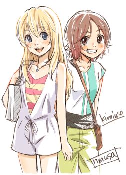 Rule 34 | 2girls, :d, arm at side, bag, bare arms, blonde hair, blue eyes, blush, brown bag, brown eyes, brown hair, camisole, casual, clothes around waist, clothing request, collarbone, commentary, copyright name, cowboy shot, green pants, grin, hair between eyes, highres, jewelry, long hair, looking at viewer, miyazono kawori, multiple girls, necklace, open mouth, pants, sawabe tsubaki, shigatsu wa kimi no uso, shirt, short hair, short sleeves, shoulder bag, shoulder strap, simple background, smile, standing, star (symbol), star necklace, striped camisole, waasa, white background, white bag, white shirt